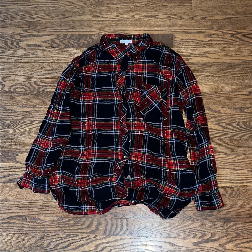 Maurices Red and Black Checkered Sparkly Button Down Shirt - Picture 1 of 5